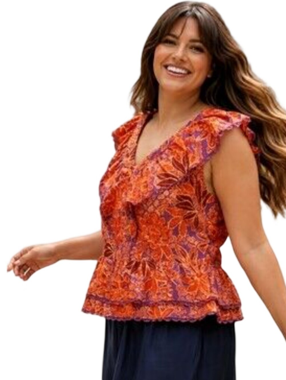 Women’s Floral V-Neck Ruffle Tank Top - Purple & Orange
